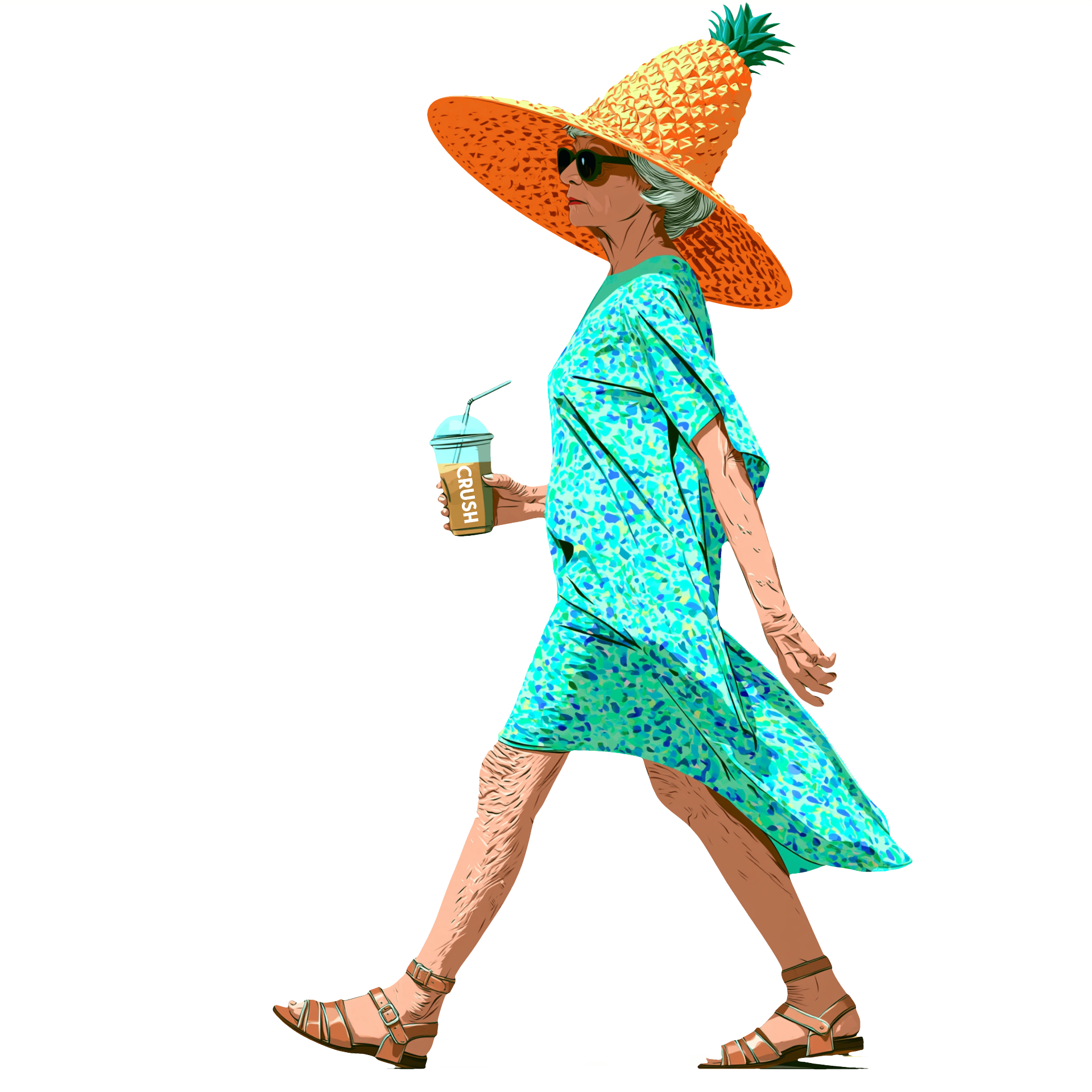 Stylish granny in a pineapple hat holding a CRUSH cup