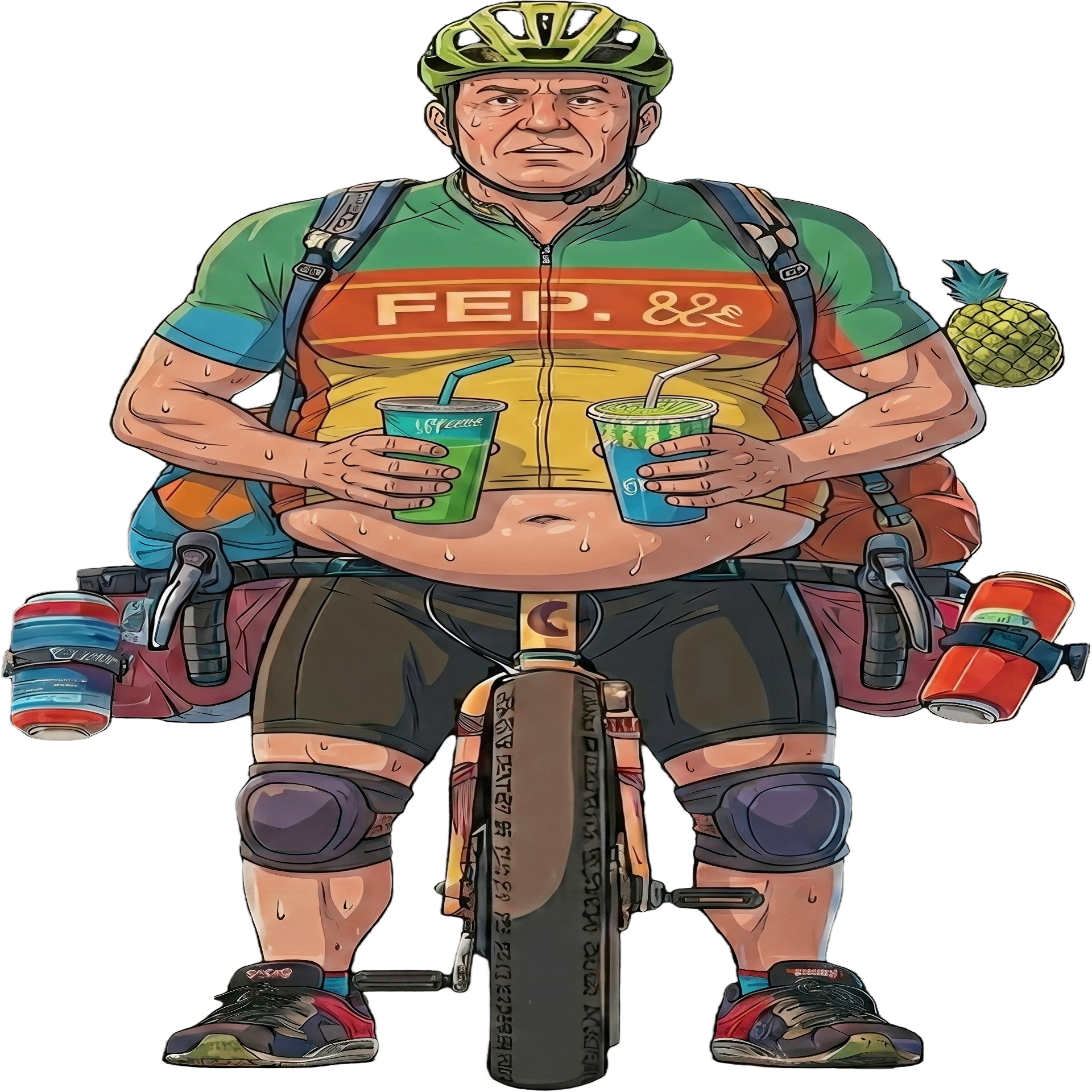CRUSH cyclist character with pineapple and smoothies