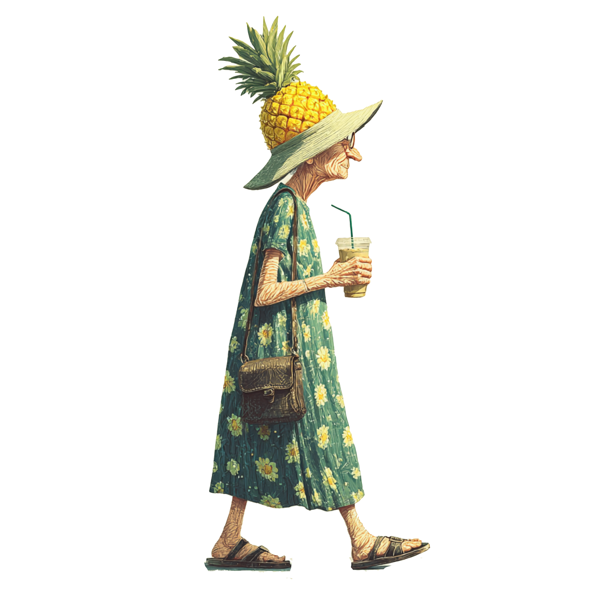 Pineapple-hat grandma strolling with an iced drink